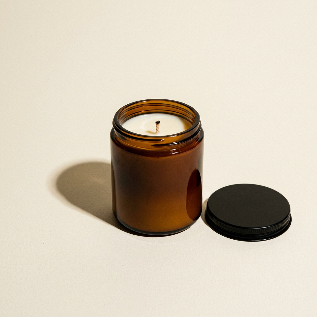 Scented soy candle in amber jar